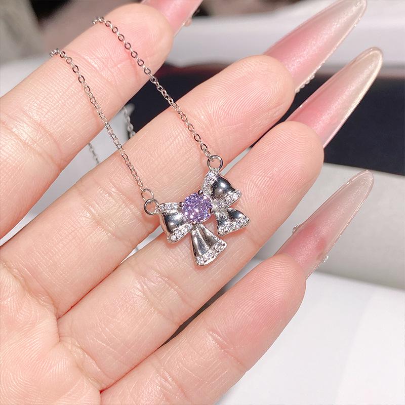 Clear Sky Pink Zircon Bow Necklace, S925 Sterling Silver, Micro-set Fine Chain, Everyday Wear.