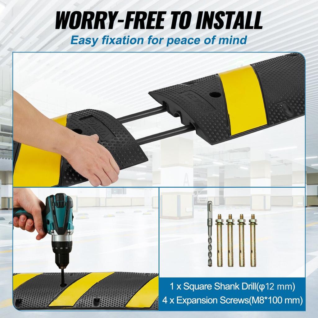 6 ft/72'' Rubber Speed Hump, 2 Channel, 22000 lbs Load Capacity Heavy Duty Traffic Speed Bump, with High Reflective Yellow Strip 4 Expansion Screws