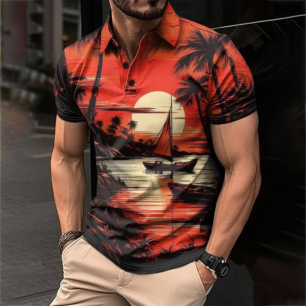 Мужская рубашка для гольфа с гавайским принтом, повседневная спортивная, с V-образным вырезом и коротким рукавом