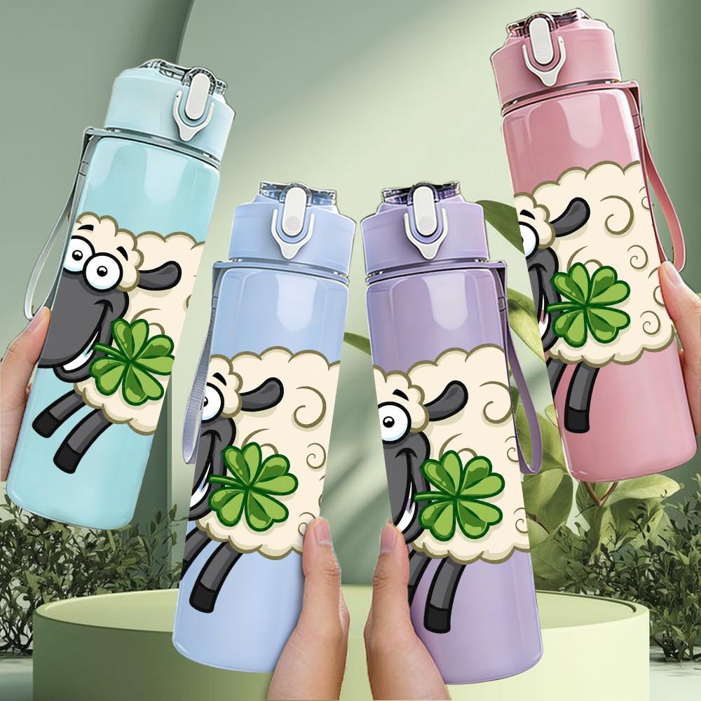 1PC Fluffy Cartoon Sheep Farm Animal Print 750ml Color Plastic Sports Water Bottle Leakproof Flip Straw Lid Suitable for Sports Office Home Use
