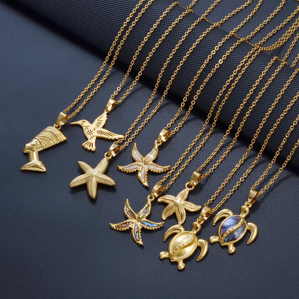2025 Hawaiian Flowers Guam Puerto Rico Mayotte Necklaces Women Jewelry Stainless Steel Nefertiti Turtle Shell Flamingo #000164