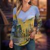 Spring and Autumn Casual Versatile Color Gradient V-neck Long Sleeved Top Women's T-shirts