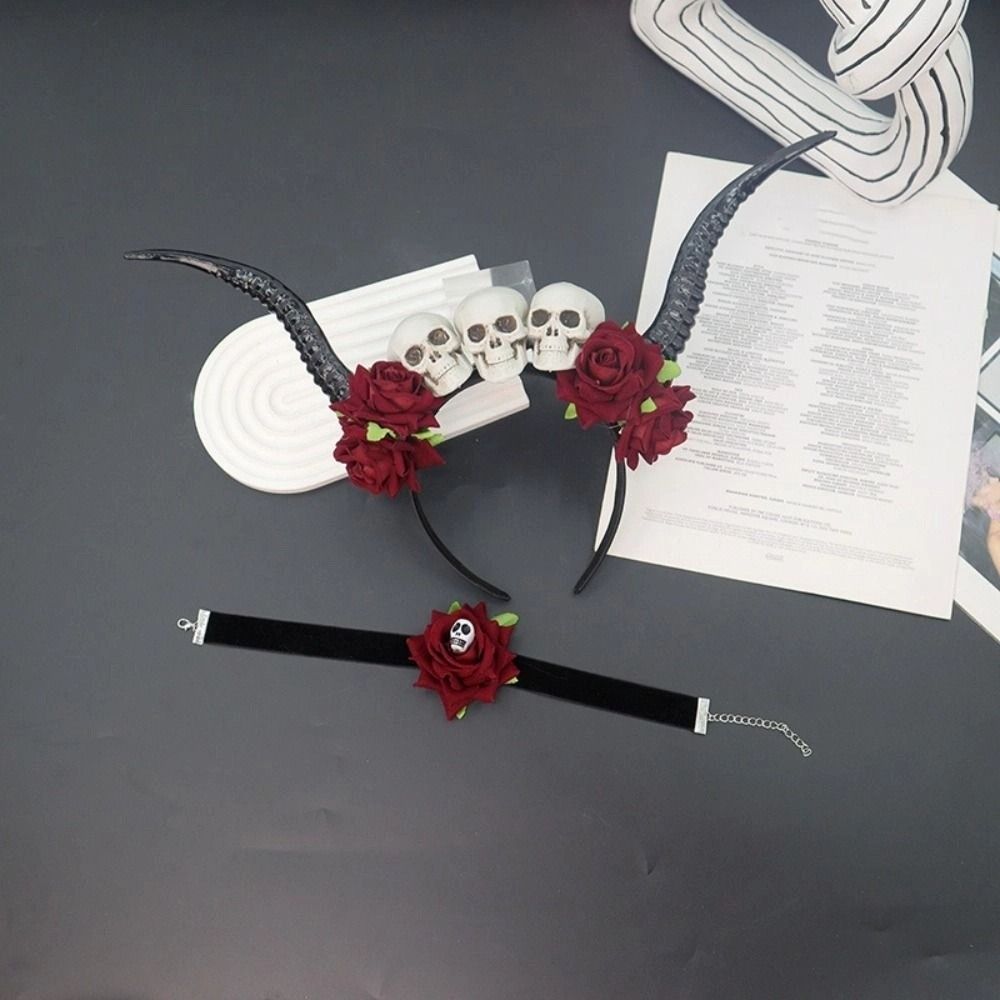 Skull Ox Horns Headband Gothic Style Red Rose Headband Hairbands Sheep Horn Hairband Costume Party