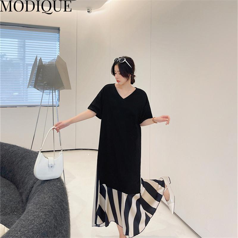 MODIQUE Summer Plus Size New Women Loose Patchwork A-Line Stripe Mock Two-Piece Long Dresses Elegant Lady Casual Cotton V-Neck Short Sleeve Skirt