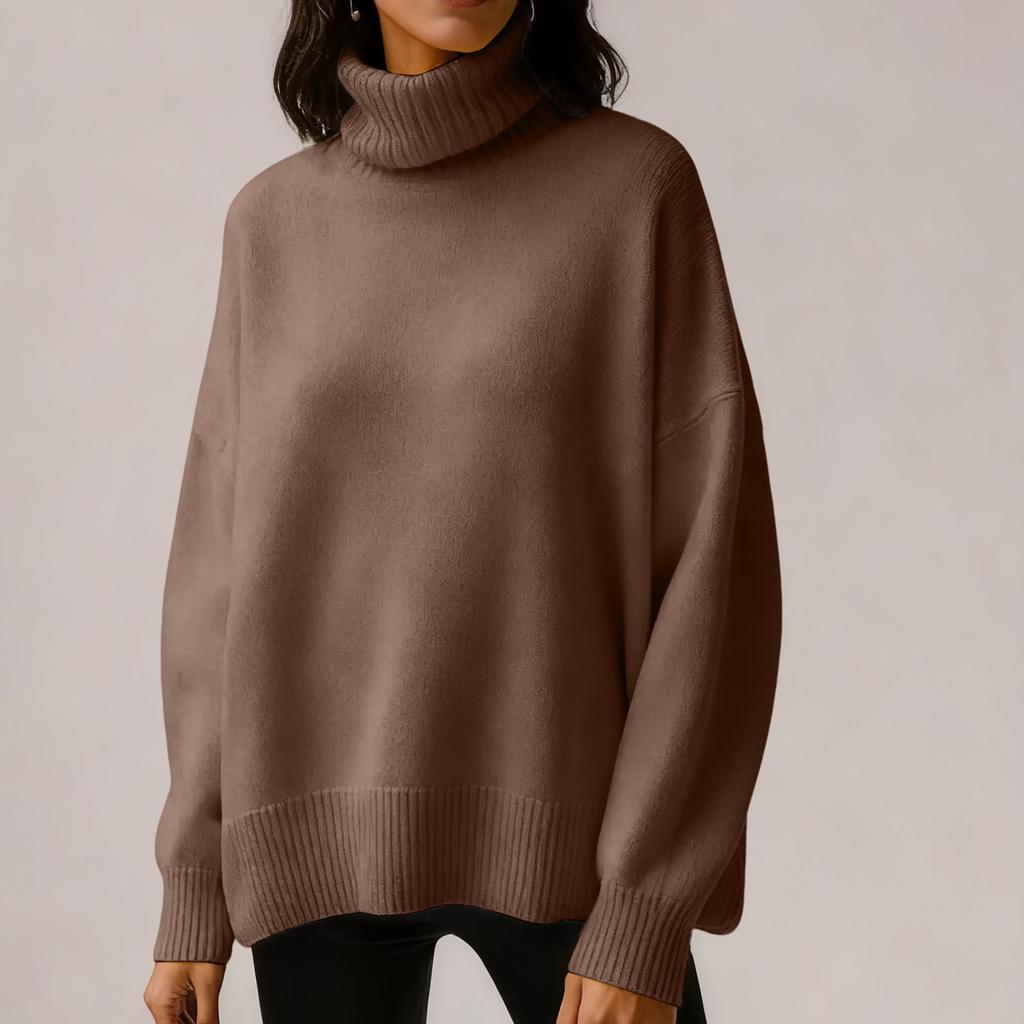 Women's Solid Color High Neck Pullover, Solid Color Loose Knit Sweater