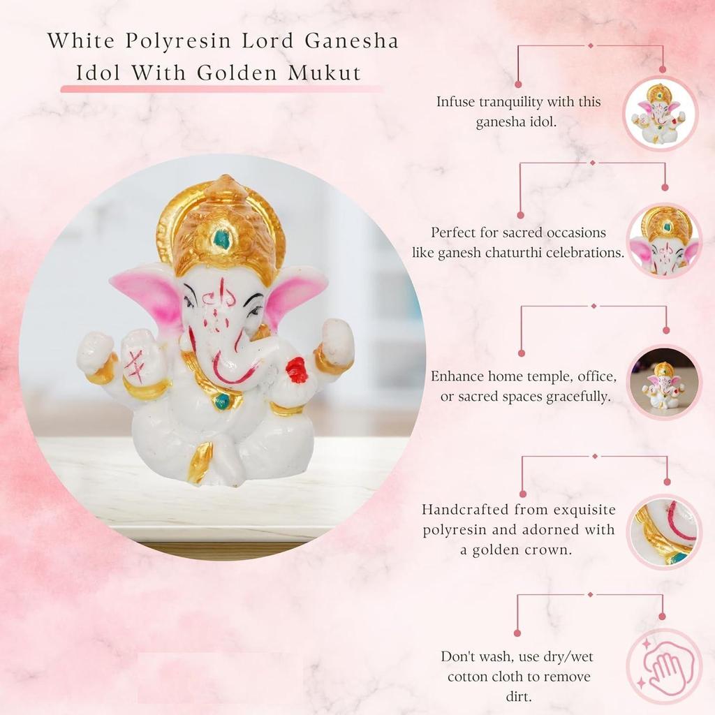 Белая полимерная статуэтка Господа Ганеши с золотой мукутой| Статуэтка Господа Ганеши для домашнего декора, офиса, приборной панели автомобиля| Статуя Ганеши для комнаты для пуджи