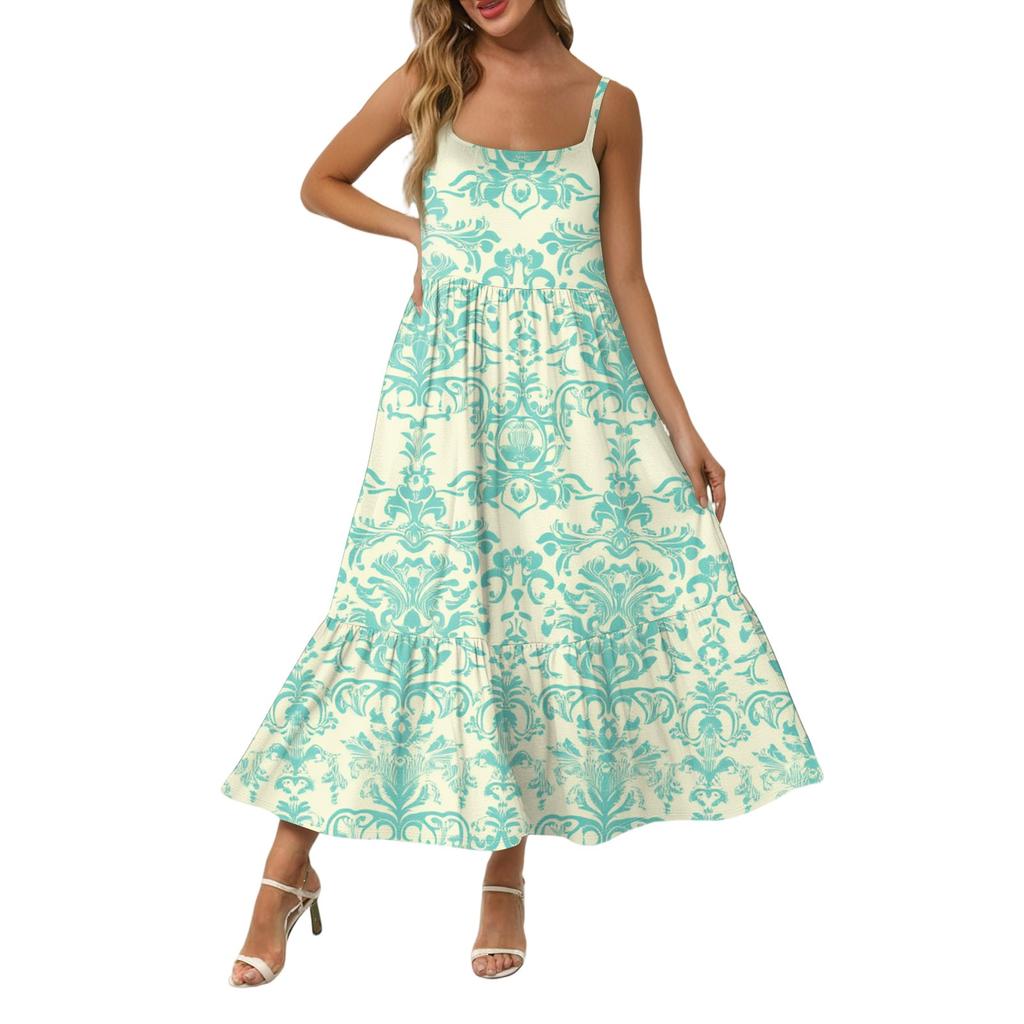 Women's Long Beach Casual Elegant Spaghetti Strap Maxi Dress Stitching Low-key Flowing Bohemian Dress