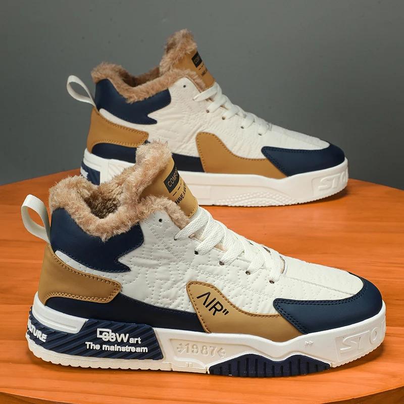 Зимние кожаные мужские теплые высокие повседневные туфли 2024 года, рабочая обувь с противоскользящим покрытием для улицы, удобная и универсальная мужская спортивная обувь