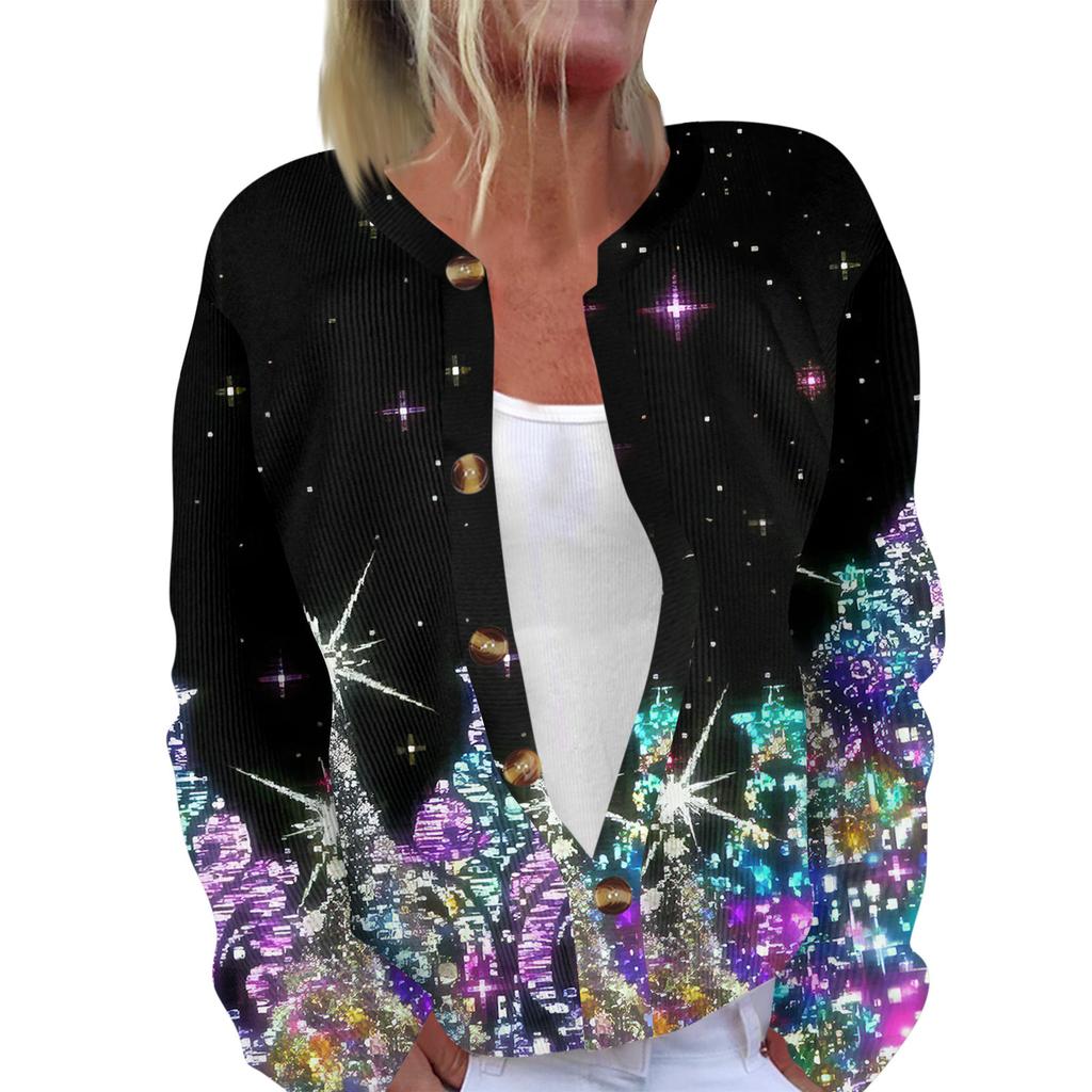Women's Fashion Long Sleeve Christmas Snowman Snowflake Print Jacket Cardigan