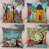Домашний Декор Подушки с Рисунком Красочные Дома и Искривленные Деревья Чехлы на Подушки Подходят для Дивана Спальни Автомобиля