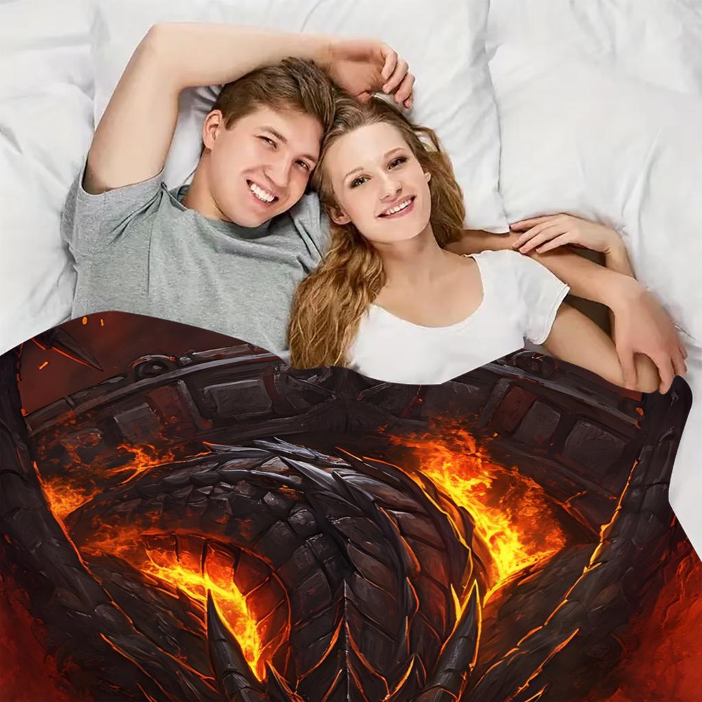 1pc Dragon'S Flame Digital Printed Design Blanket - All-Season Soft Flannel Throw with Vibrant Red & Orange Flame & Black Dragon