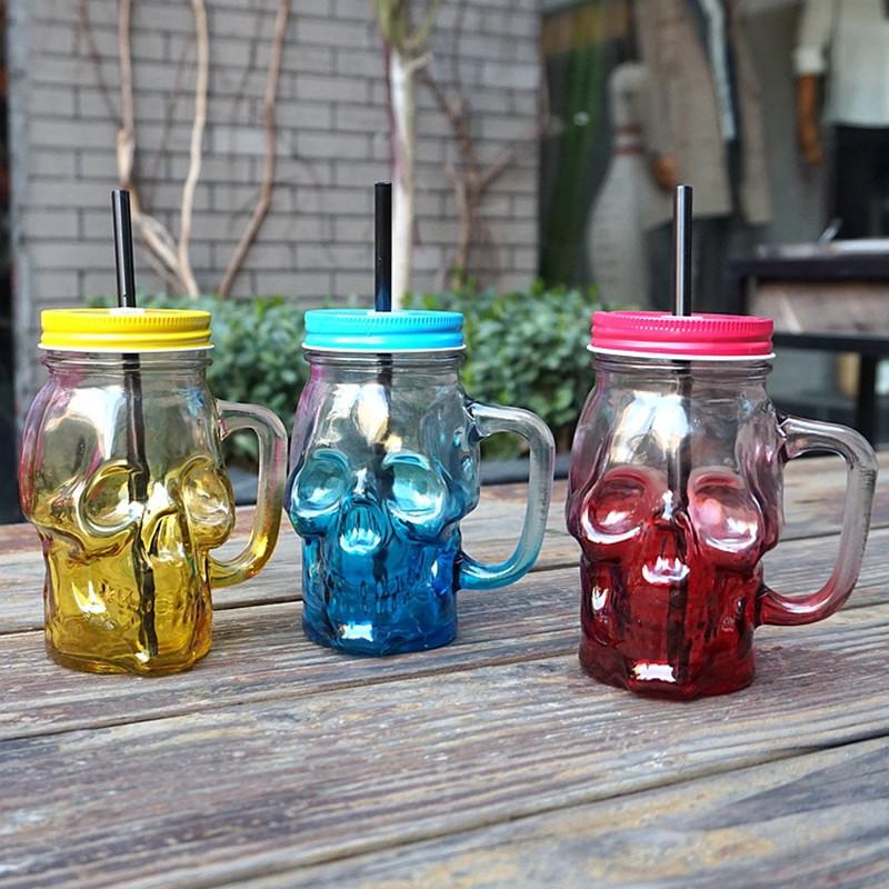 500 мл Банка-кружка Mason Jar в форме черепа Бокалы для вина и пива Стакан для напитков Коктейльный бокал С крышкой и соломинкой Для домашнего бара Вечеринки Украшение на Хэллоуин