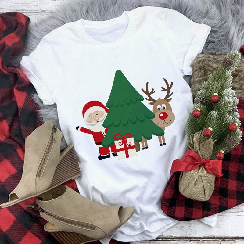 Cute Reindeer T Shirt Women Fashion Christmas Harajuku Short Sleeve T Shirt White Suitable All Seasons