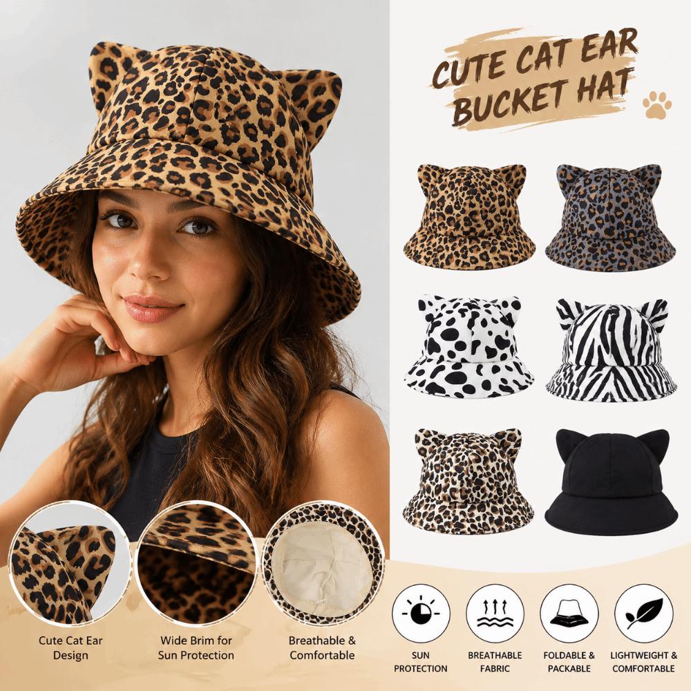 Cow/ Leopard Print Bucket Hat Cat's Ears Basin Hats New Panama Fishing Cap Unisex