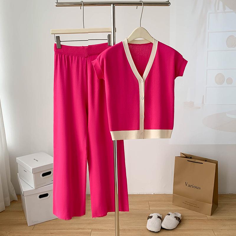Модные трикотажные комплекты из 2 предметов для женщин, однобортный кардиган с V-образным вырезом, высокая талия, широкие длинные брюки, однотонные свитера
