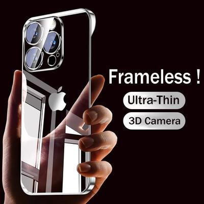 Роскошный безрамный прозрачный чехол с покрытием для iPhone 14 11 12 13 Pro Max 15 Plus, стекло, защита камеры, ультратонкий жесткий ПК