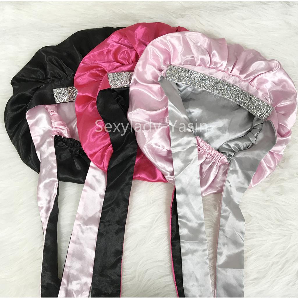 Double Layer Sleeping Bonnet with Diamond Silk Designer Bonnets with Long Tie Satin Hair Bonnet