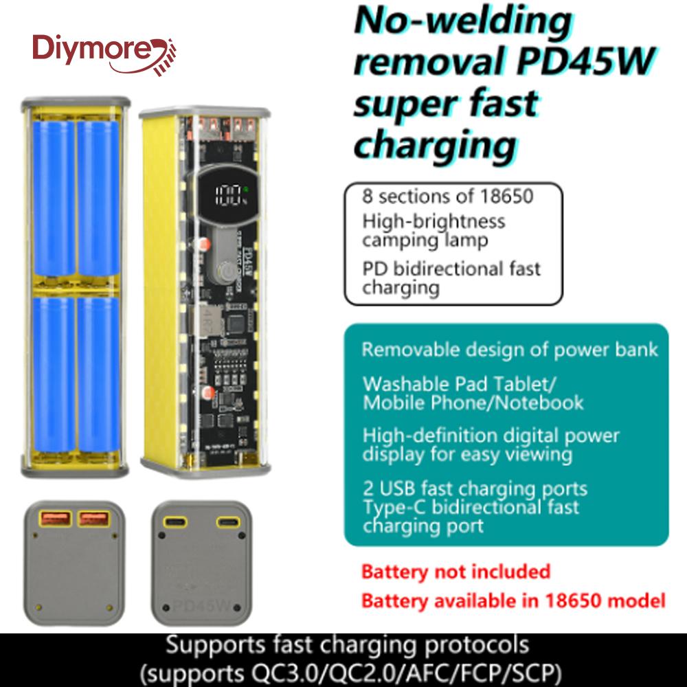 PD 45W 8*18650 Battery Case Super Fast Charging Transparent Rechargeable Case Weldless Box With Outdoor Light
