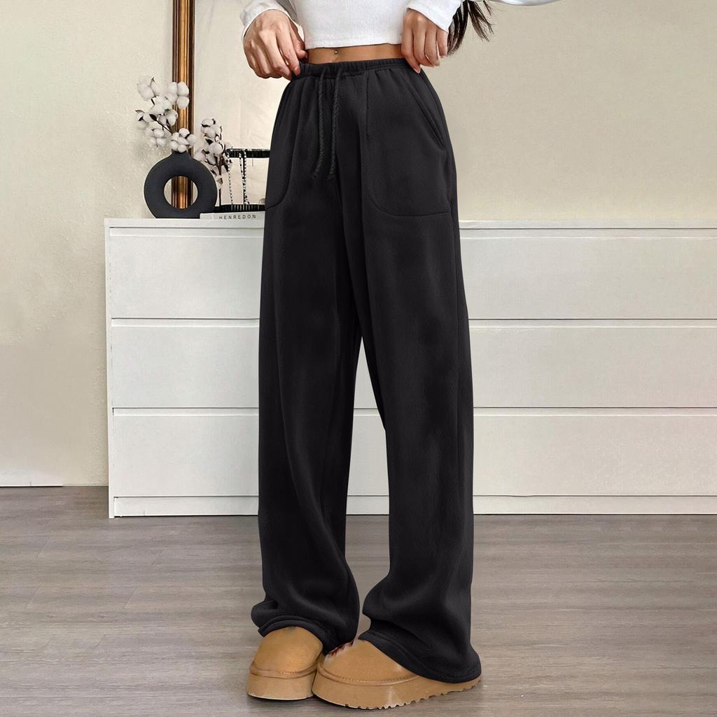 Женские пижамные штаны, плюшевые пижамные штаны, мягкая эластичная талия, пижамные штаны, однотонные штаны с 2 карманами