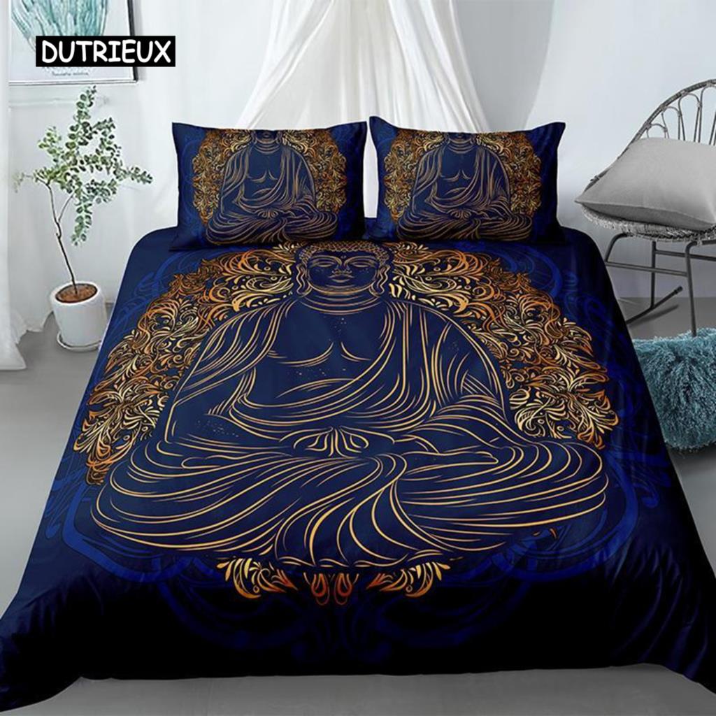 Mandala Buddha Duvet Cover Set,Bohemian Bedding Set Golden Black Lotus Flowers Print Luxury Microfiber Polyester Comforter Cover