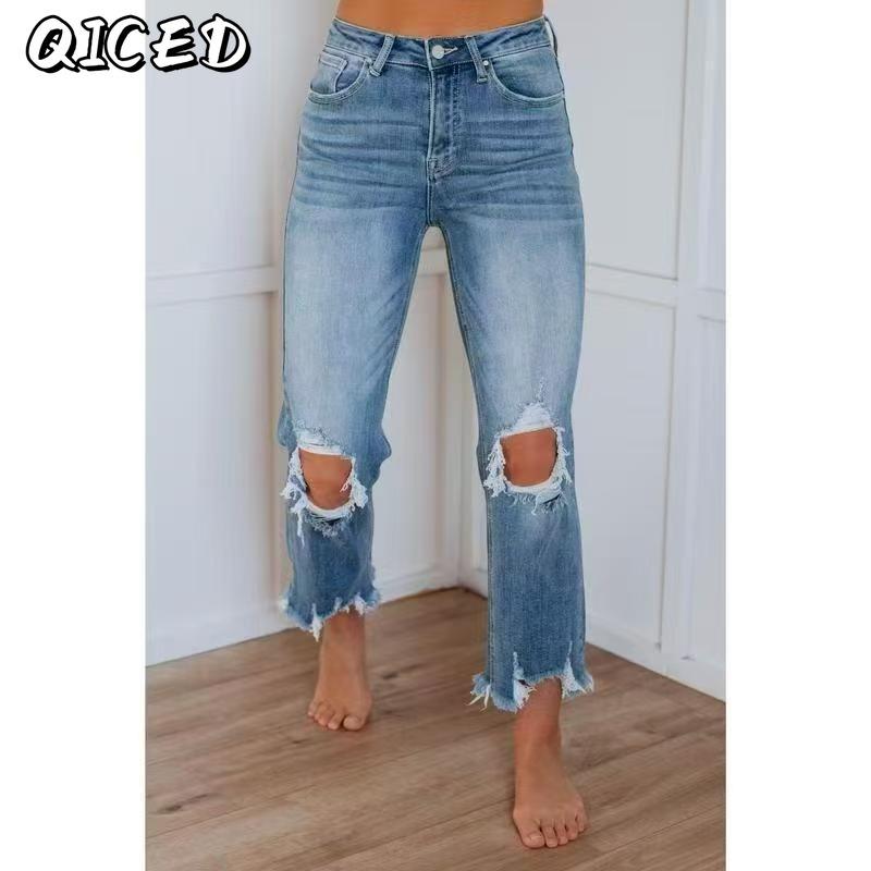 QICED Женские модные повседневные однотонные брюки и капри с принтом
