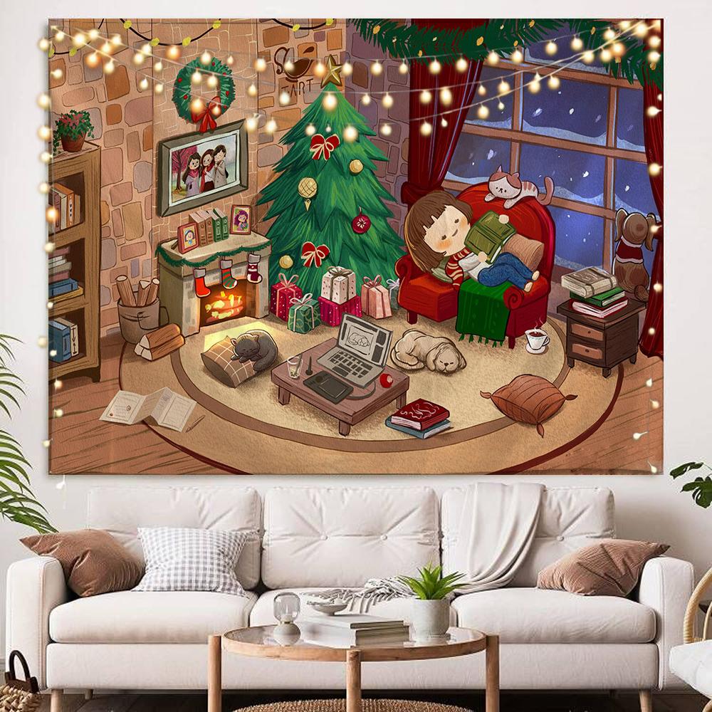 Home Decoration Happy Christmas Scene Christmas Tree Fireplace Candle Tapestry Bedroom Living Room Dormitory Wall Decoration