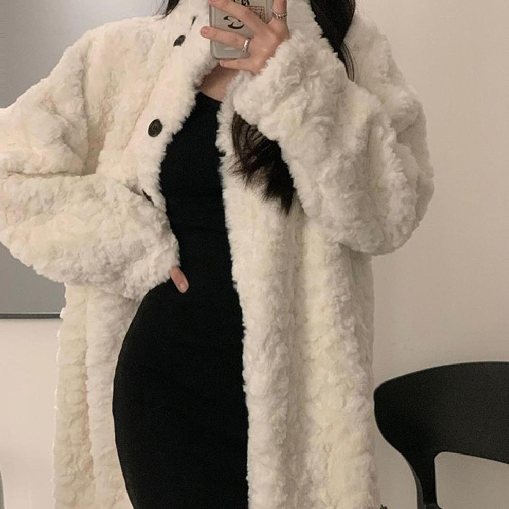 Пальто из овечьей шерсти, женское длинное пальто длиной до колена, теплое пальто, искусственный мех кролика, кожа, толстый и свободный воротник-стойка, зимнее хлопковое пальто