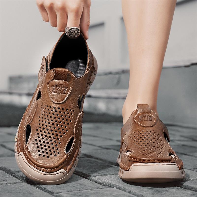 Сшитые вручную летние мужские сандалии Дышащие уличные мужские пляжные сандалии