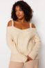 Women's Fashion Stylish Plus Size Sweater Beige Wide Collar Strap Detailed Knitwear Sweater