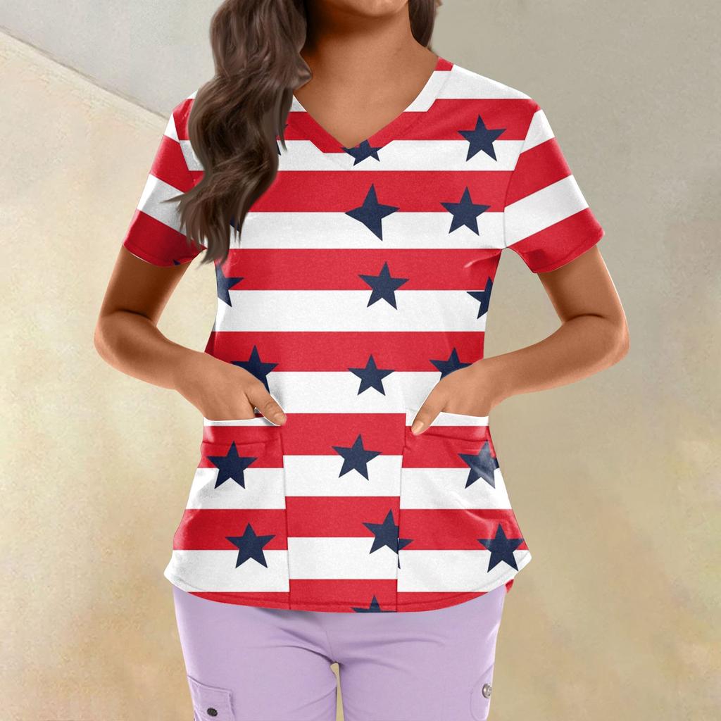 Plus Size Printed Scrub Working Uniform Tops For Women's Cross V Neck Independence Day Print Short Sleeve Fun T-Shirts Workwear Tee With Pockets