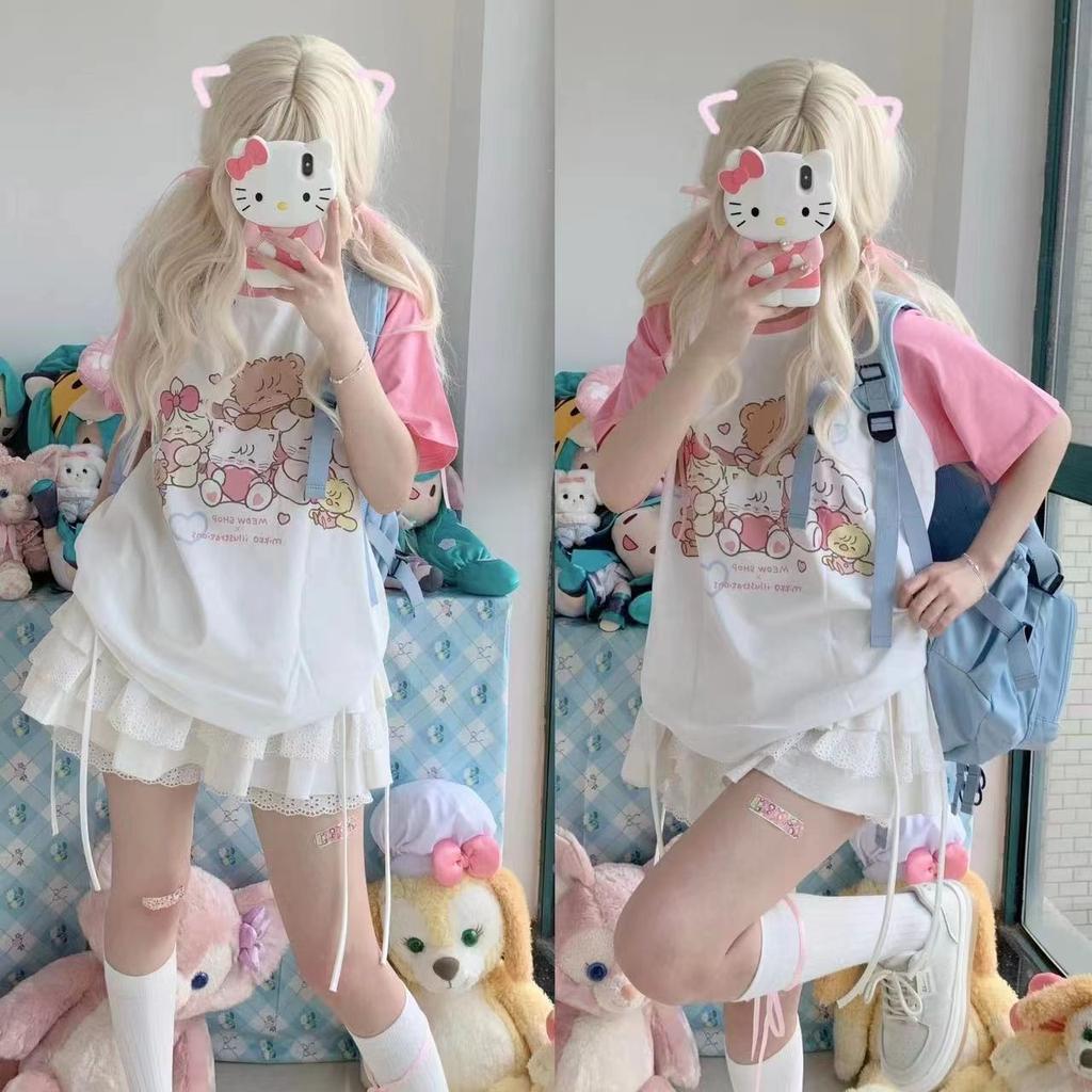 Футболки Kawaii Sweat Patchwork для женщин, японская мода Y2k Harajuku Preppy Style, мультяшный принт, свободные футболки, мягкие, для девочек