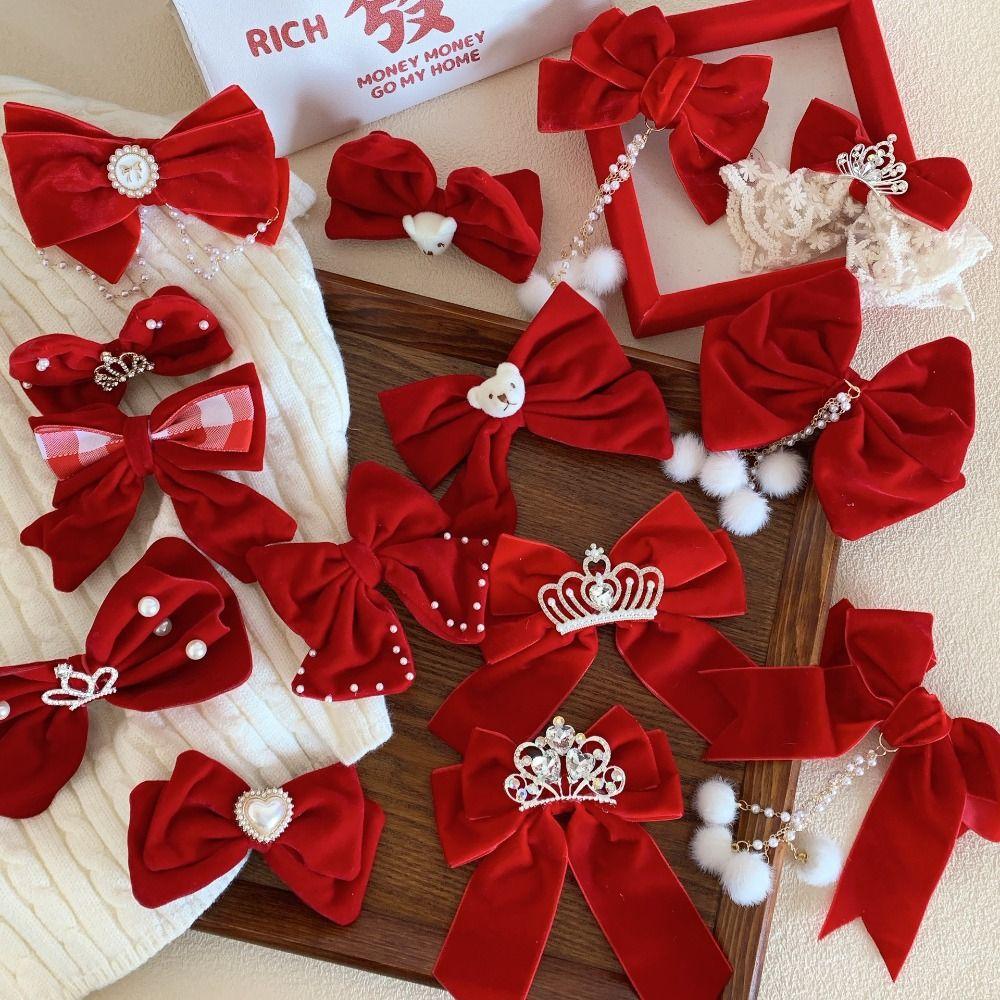 Crown Velvet Red Bow Hairpin Cloth Hanfu Hair Sticks All-match Ancient Style Hairpin  Children