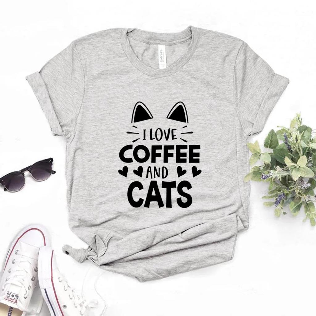 Футболка с принтом «Я люблю кофе и кота» для женщин с коротким рукавом и круглым вырезом, свободная женская футболка, женская футболка, топы, одежда, женские футболки