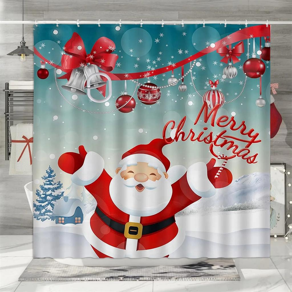 Christmas Shower Curtain, Winter Holiday Farm Snowman Santa Claus Christmas Tree Farmhouse Christmas Balls Bathroom Decoration