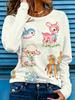 New Women Round Neck Long Sleeve T-shirt Cute Cartoon Farm Animal Street Print Casual Top Spring Autumn Ladies Daily Wear