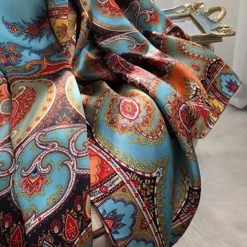 Новый Красно-Синий Шелковый Шарф Bufandas Женские Шарфы Национальный Стиль Атласные Квадратные Шарфы Дамский Брендовый Головной Платок Хиджаб Модный шаль