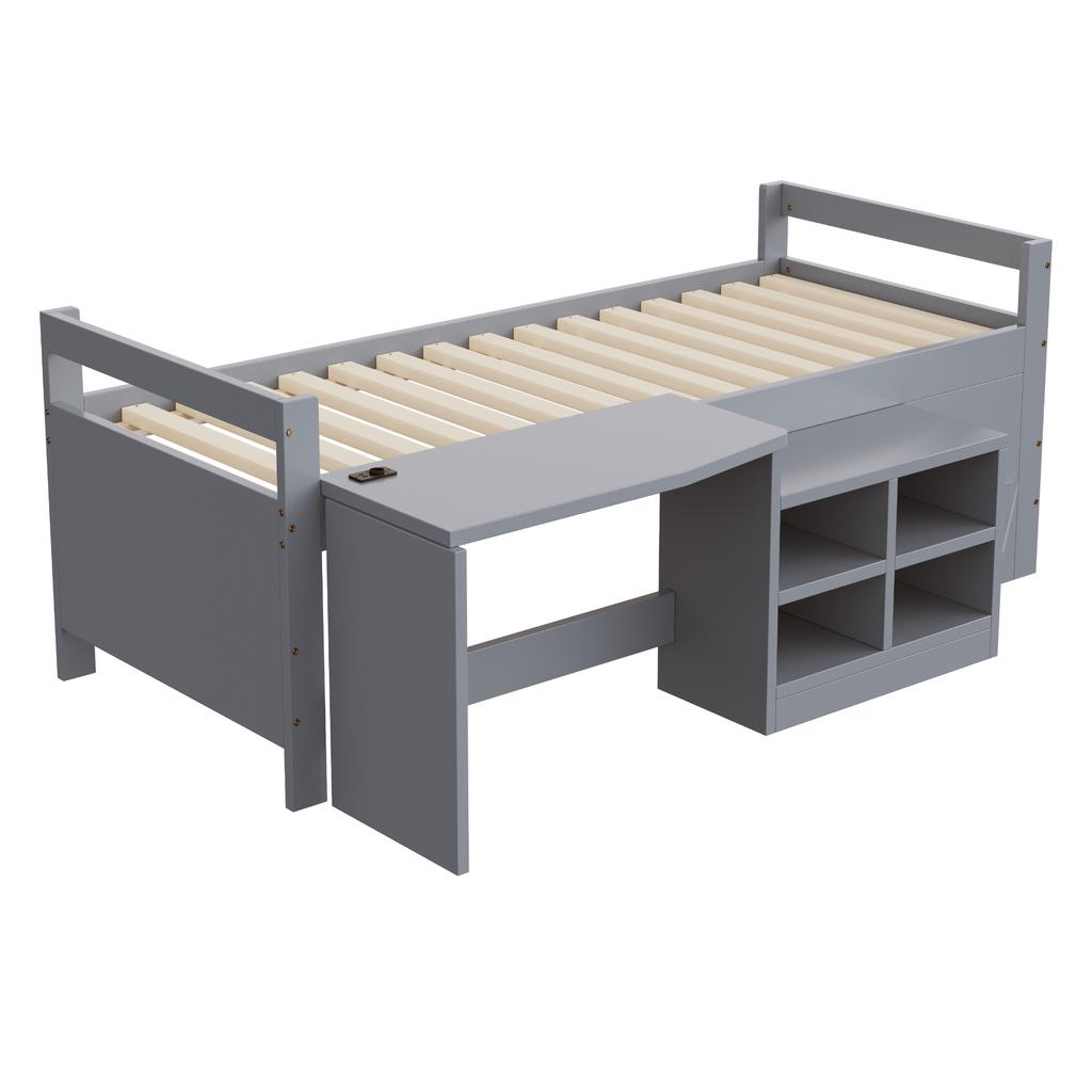 Children's Bed 90×200 cm, with Storage Compartments Desk with Sockets according to European Standard Single Bed Wooden Bed Grey