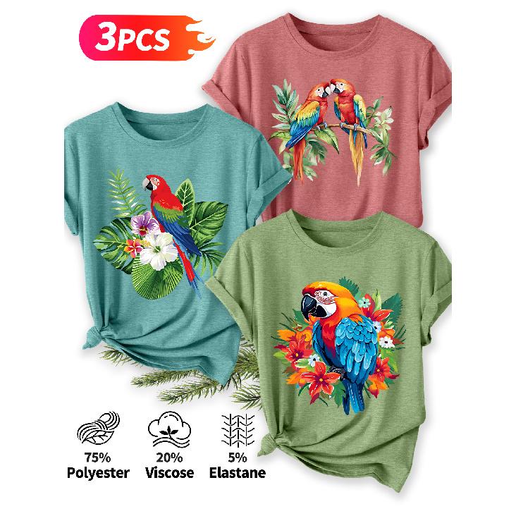 Three-piece set Elegant short-sleeved shirt for women Tropical Parrot Floral Print Pattern Round Neck Short Sleeve Casual Style Holiday Spring
