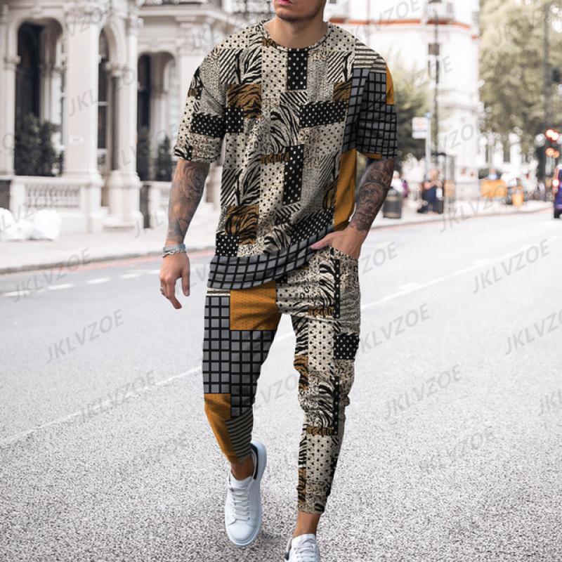 New Boutique Leopard Print Men’s Trousers Tracksuit 2 Piece Set Streetwear Short Sleeve T Shirt+Long Pants Clothes Male Clothing