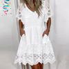 Европа и США женские платья весна-лето новые кружевные с V-образным вырезом и короткими рукавами