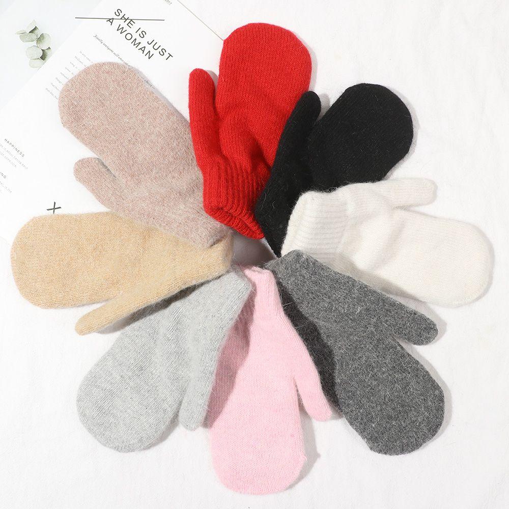 Двухслойные перчатки из кроличьей шерсти, женские зимние корейские однотонные зимние женские перчатки на все пальцы, варежки для девочек