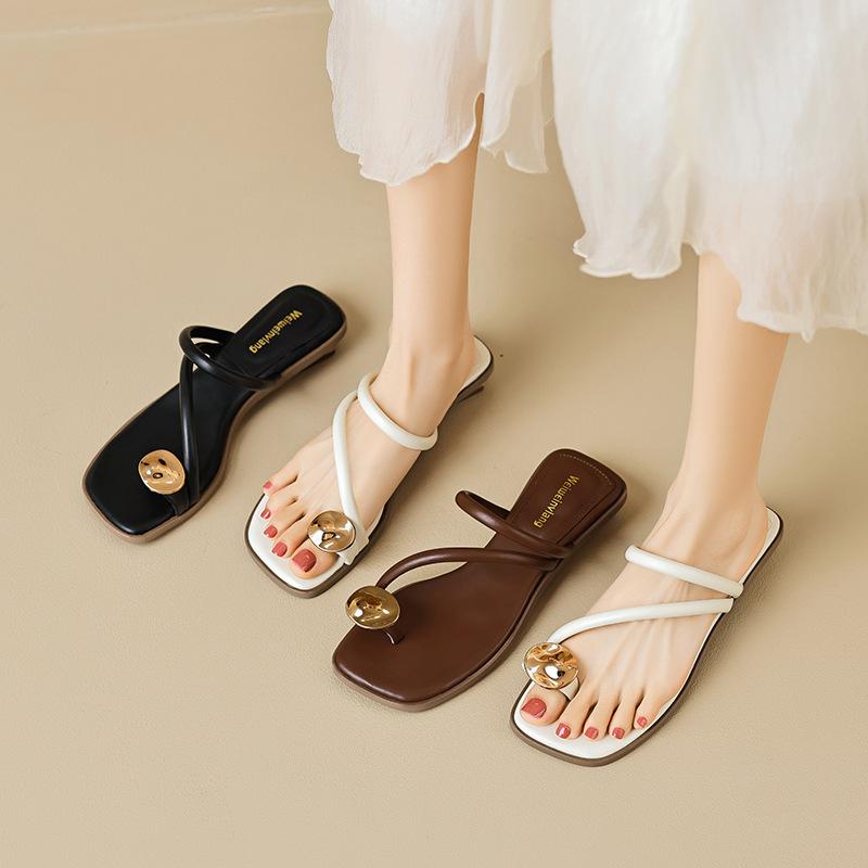 Toe cool slippers women's summer wear one word with flat bottom slippers large size women's shoes