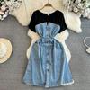 Short Sleeve Denim Dresses for Woman Fake Two Jeans Patchwork Women's Dresses A Line Lace-up O Neck Vestidos Dropshipping