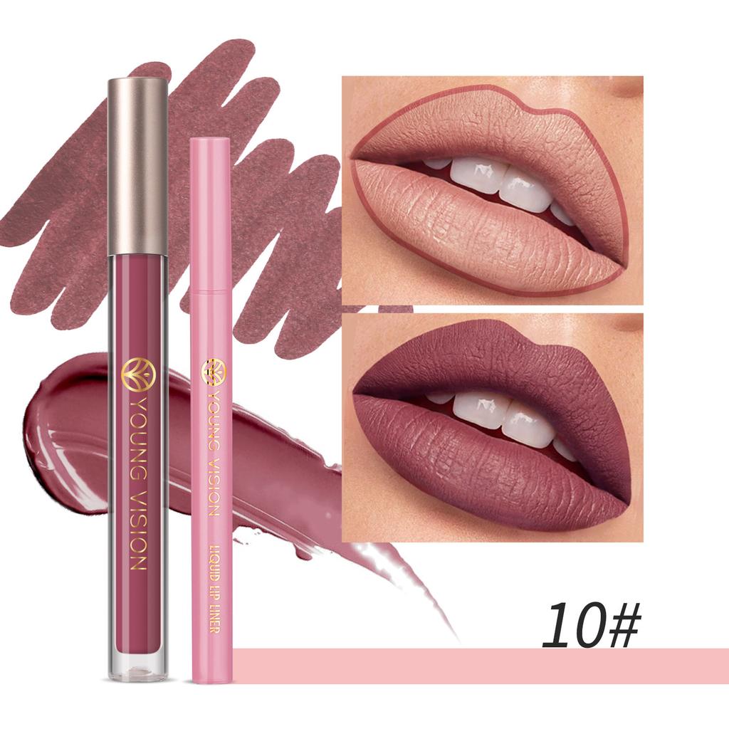 YOUNG VISION Lip Glaze + Lip Liner 2 Sets of Lip Liner Are Not Easy To Stick Cup Lip Glaze