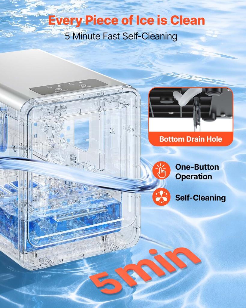 Countertop Ice Maker, 15 kg per Day, Self-Cleaning Portable Machine with Scoop, Drawer-Style Ice Access, Nugget Ice-Making Machine with Chewable Ices