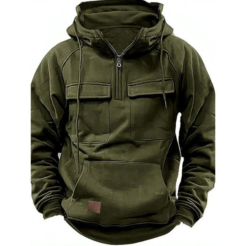 Men's Solid Color Long Sleeve Multi-pocket Loose Hooded Sweatshirt
