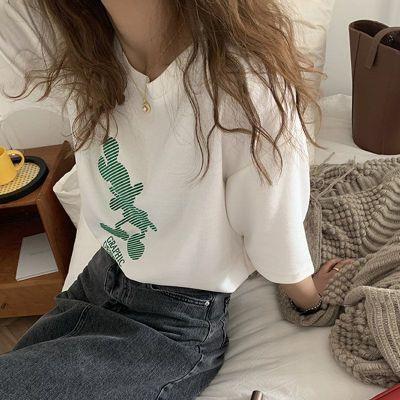 Korean version loose lazy style versatile short-sleeved summer new cartoon printed crew neck white bottoming shirt top women