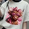 Funny Valentine Highland Cow Womens Short Sleeve T Shirt Retro Pink Bow Heart Sunglasses Cow Tshirt Fashion Gothic Tshirt