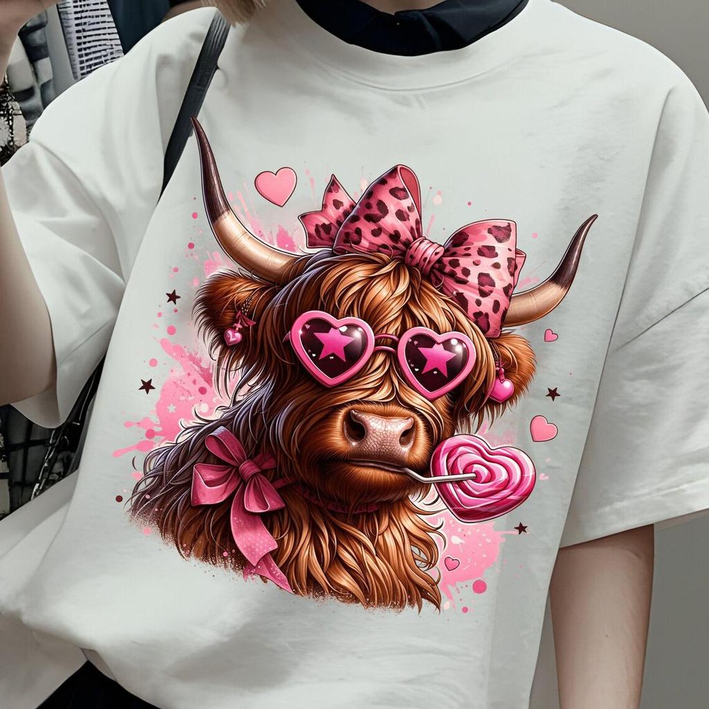 Funny Valentine Highland Cow Womens Short Sleeve T Shirt Retro Pink Bow Heart Sunglasses Cow Tshirt Fashion Gothic Tshirt