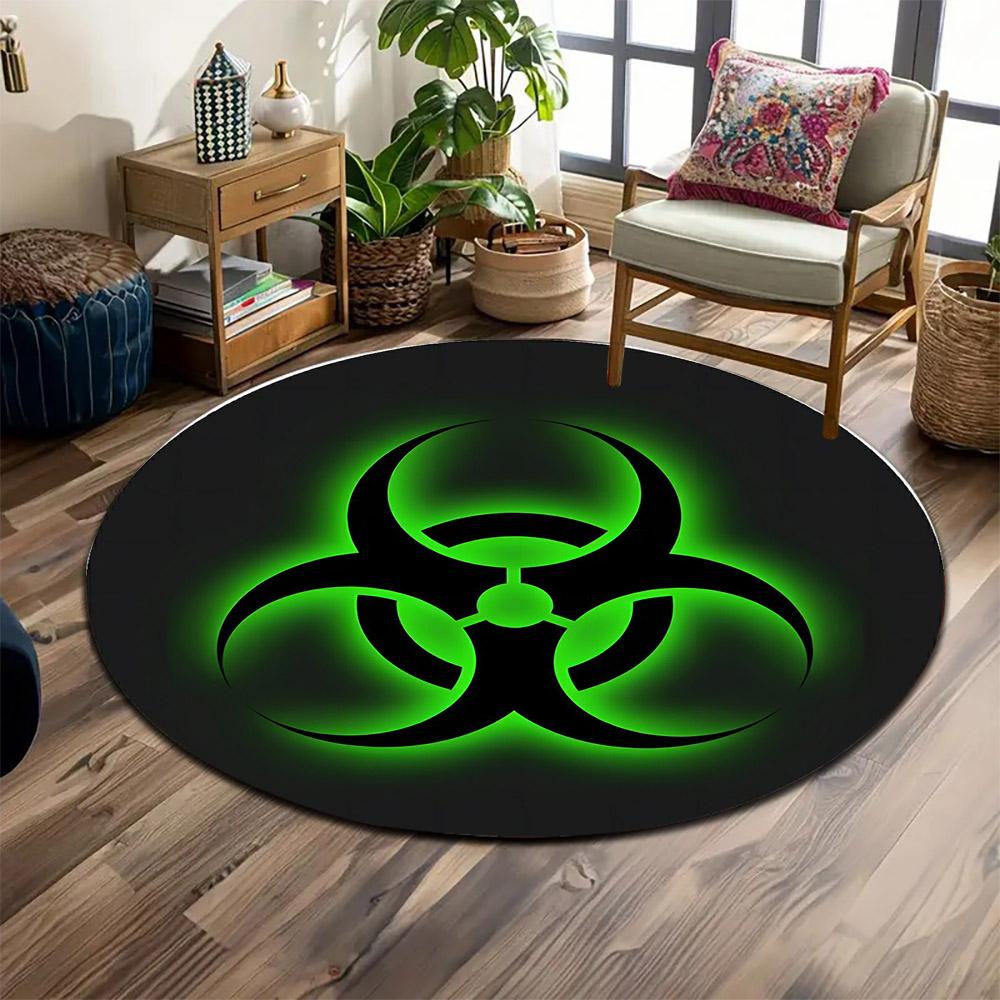 Green Biohazard Symbol Design Print round rug, living room, bedroom, playroom carpet, non slip floor mat, gift